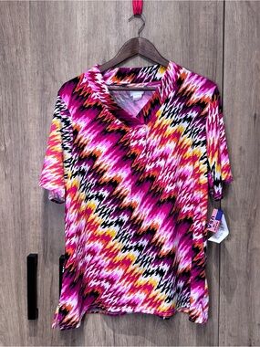 BonWorth Pink Chevron Zigzag Print Short Sleeve V-Neck Tee Women’s Made in USA L